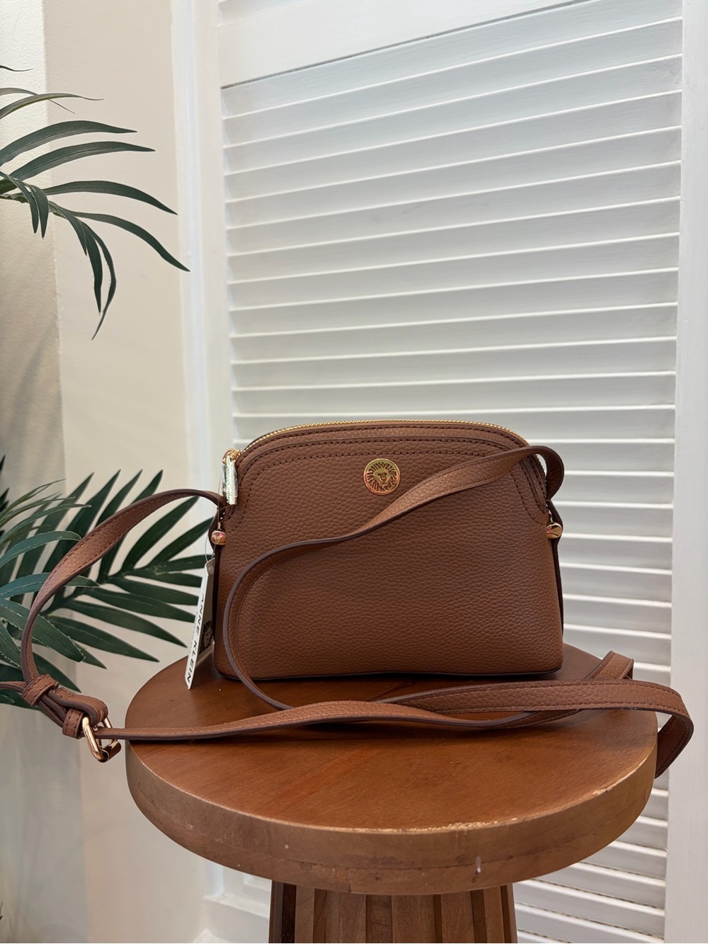 Anne Klein Brown Pebbled Leather Crossbody with Gold-Tone Logo